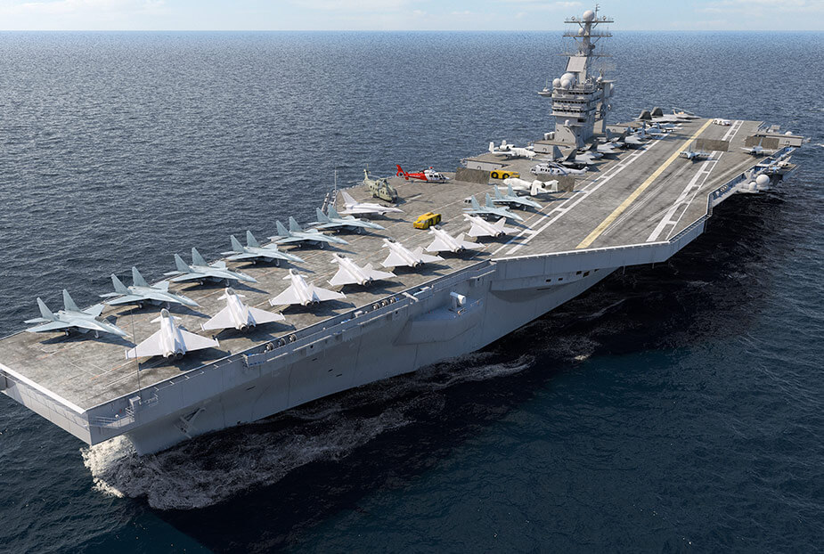 Aircraft carrier living in open ocean providing military defence and security