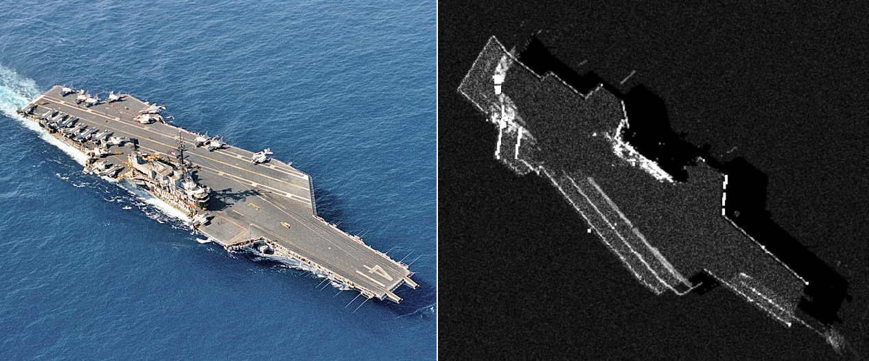 Aircraft carrier SAR simulated image used to train AI model for vessel classification.