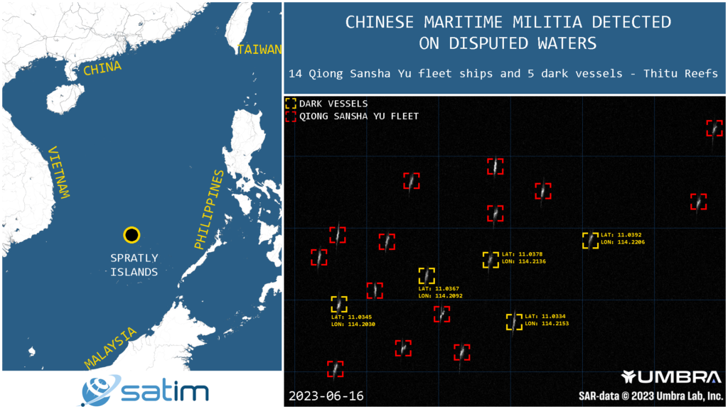 Chinese Militia ships detected in disputed waters near Thitu (Pag-asa) Island, Spratly Islands held by the Philippines.